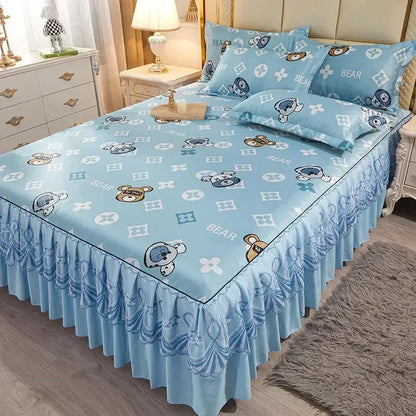 3Pcs/Lot Double Bed Sheet Set Classic Lace Royal Blue Bed Sheet Bed Skirt