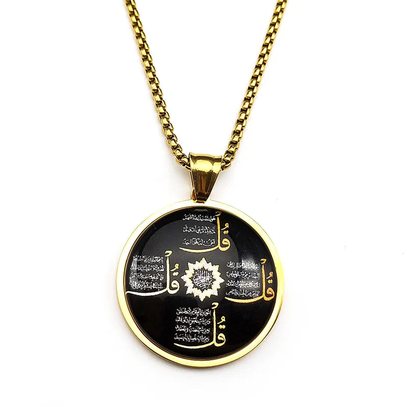 Islamic Arabic Letter Quran Allah God Round Glass Pendant Necklace for Women Men Gold Color Muslim Amulet Chain Jewelry Gift