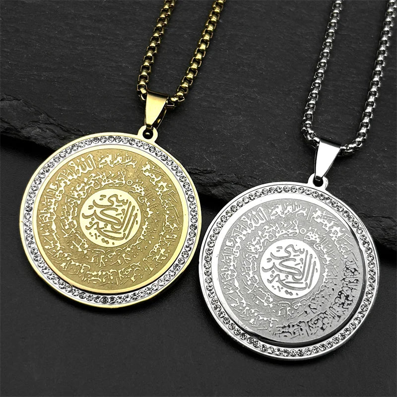 Stainless Steel Muslim Islam Quran Allah Crystals Chain Necklaces for Women Men Gold Color Round Pendants Necklaces Jewelry Gift