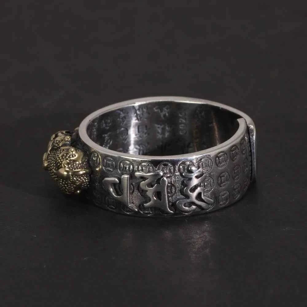 Vintage Pure Silver 999 Six Words Heart Sutra Ring Men's Adjustable Golden Pixiu Vajra Buddhist Religious Fine Jewelry