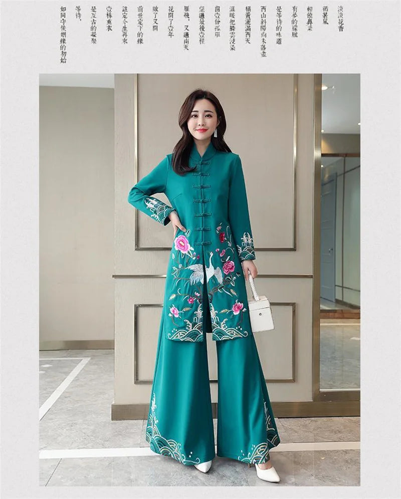 Long Ethnic Style Cheongsam Set Spring and Autumn Drop Feel Wide Leg Pants Mom Retro Slim Straight Tube Embroidery Two Piece Set