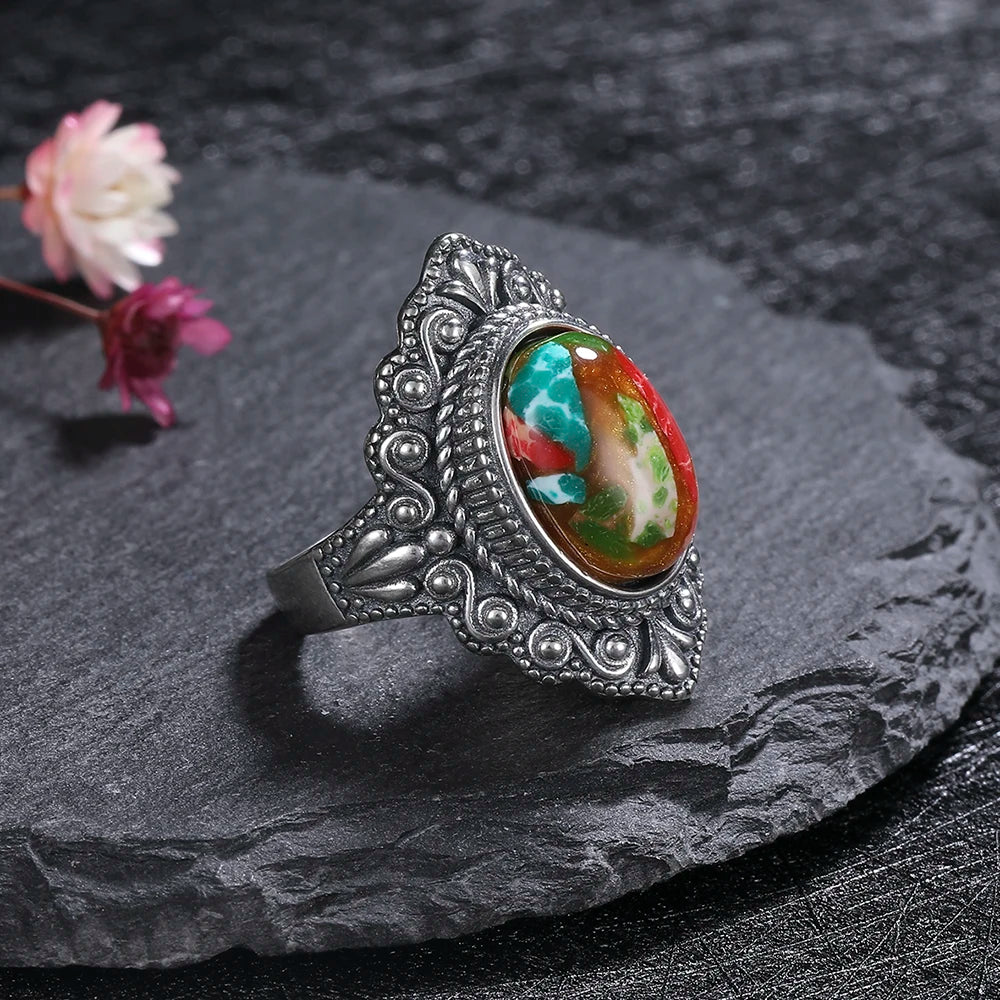 Vintage Natural Emperor Stone Ring S925 Silver Retro Hollow Luxury Fine Jewelry Wedding Gift for Women - AMULET RING STORE