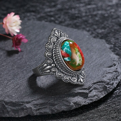 Vintage Natural Emperor Stone Ring S925 Silver Retro Hollow Luxury Fine Jewelry Wedding Gift for Women - AMULET RING STORE