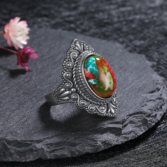 Vintage Natural Emperor Stone Ring S925 Silver Retro Hollow Luxury Fine Jewelry Wedding Gift for Women - AMULET RING STORE