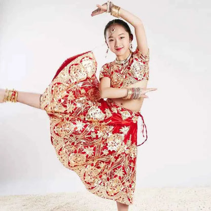 Yiman exotic Indian dance ethnic style children's dance costume, sari embroidery Tang costume, big swing skirt, Lengha set