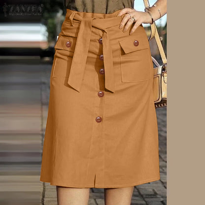 2024 ZANZEA Women High Waist Solid Cargo Skirt Fashion Summer Skirts OL Work Knee-length Faldas Saia Casual Party Club Jupe