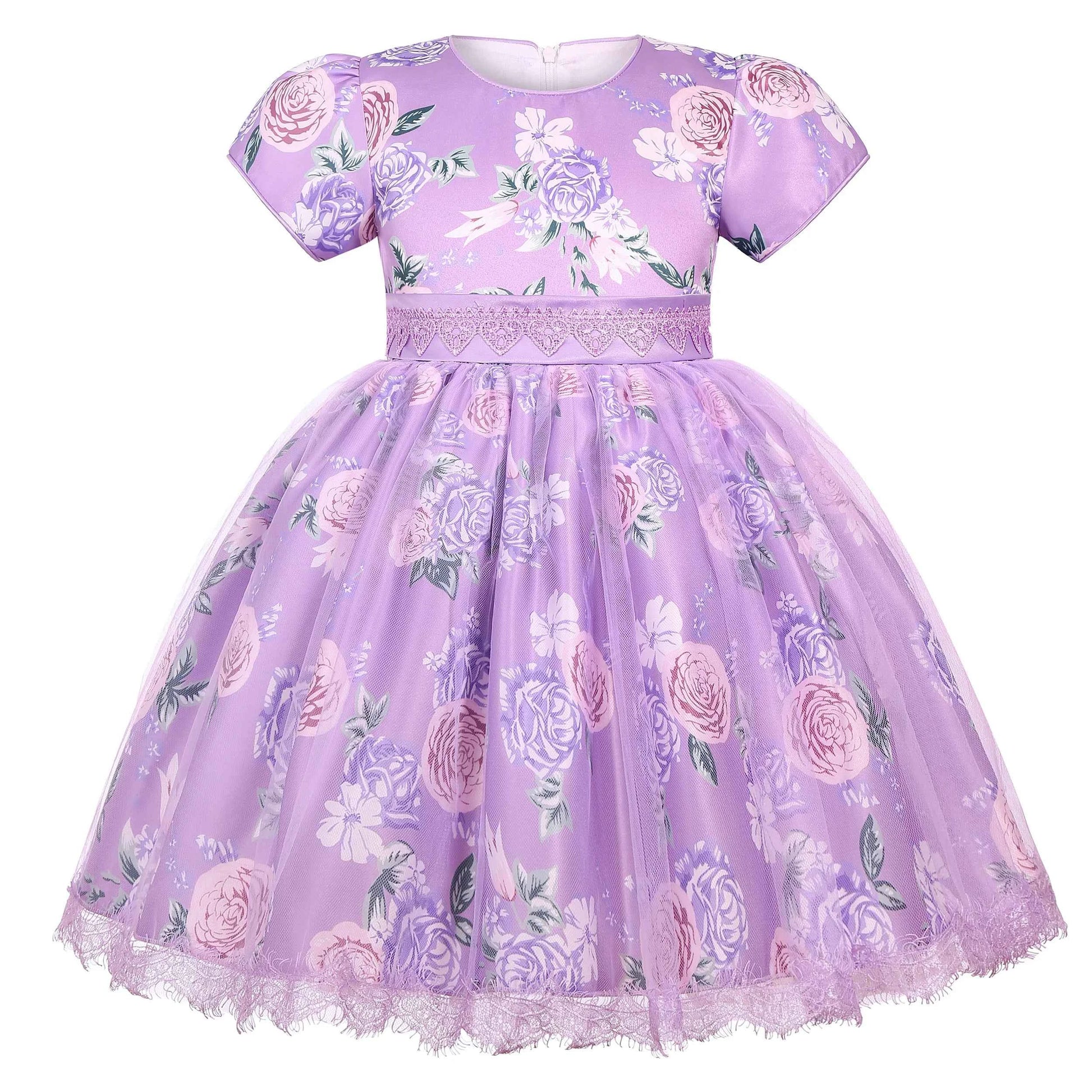 Floral attendant dress - Girls' printed lace lace-trimmed net dress for wedding - Flower girl short-sleeved princess puff-sleeve