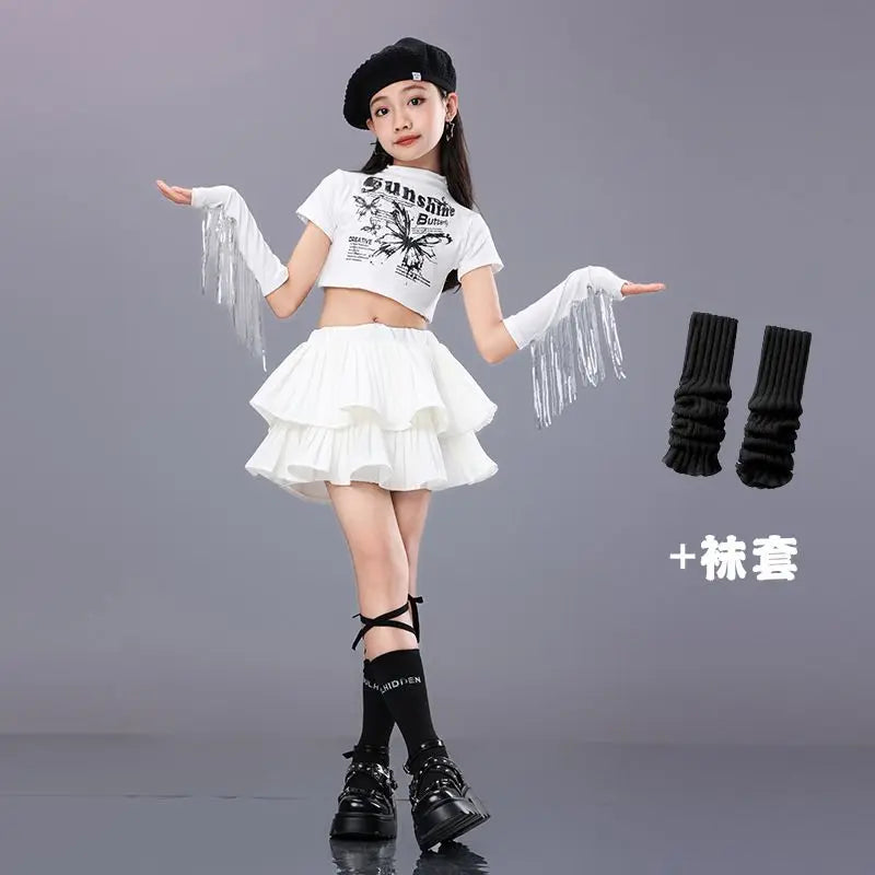 Hip Hop Girls Crop Top Plaid Street Dance Skirt Kids Ribbon Pleated Skirts Teens Jazz Cool Costumes Child Streetwear Clothes Set