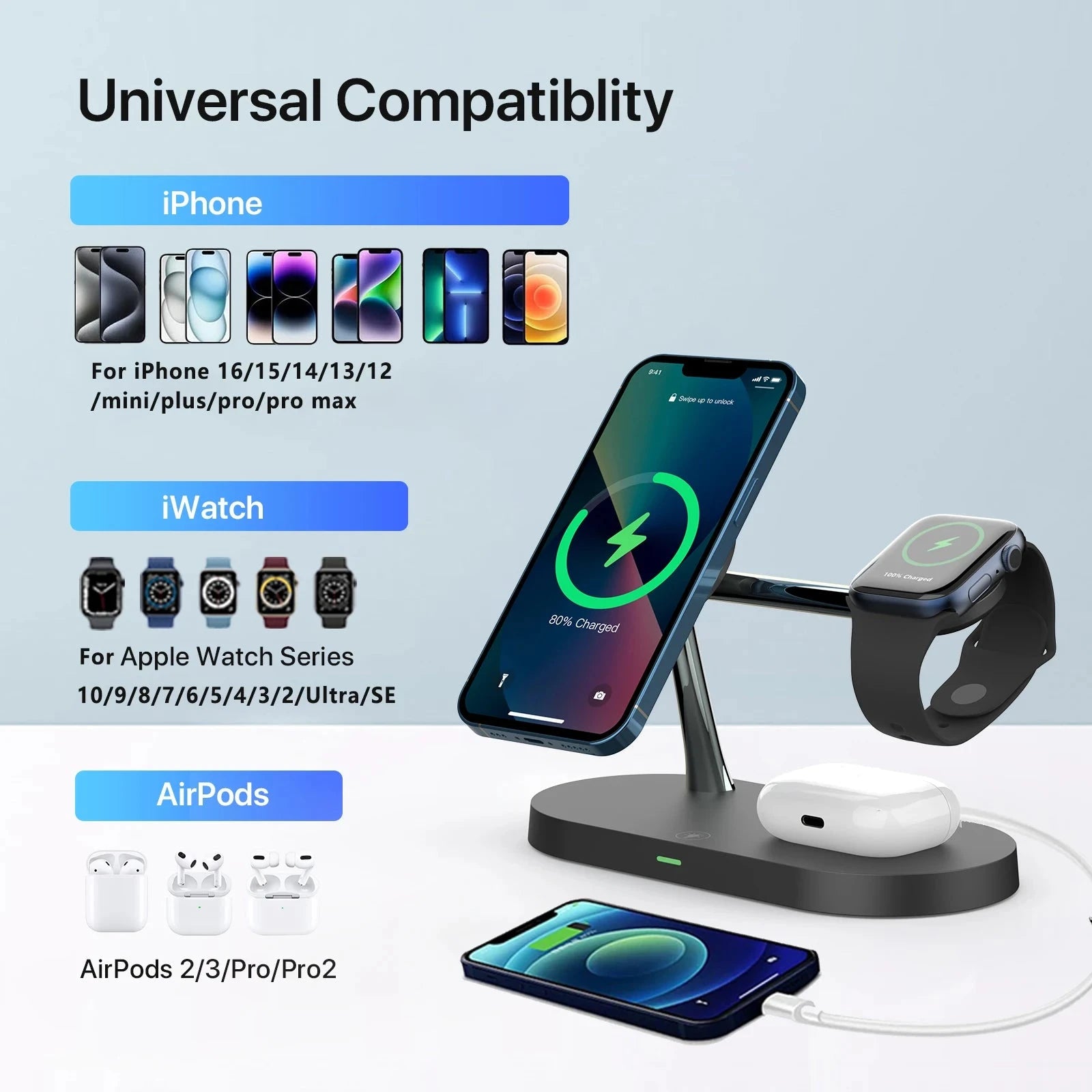 3 in 1 Wireless Charger Stand For iPhone 12 13 14 15 16 Fast Charging Station for Apple Watch 10 9 8 7 6 5 4 Airpods 2 3 Pro