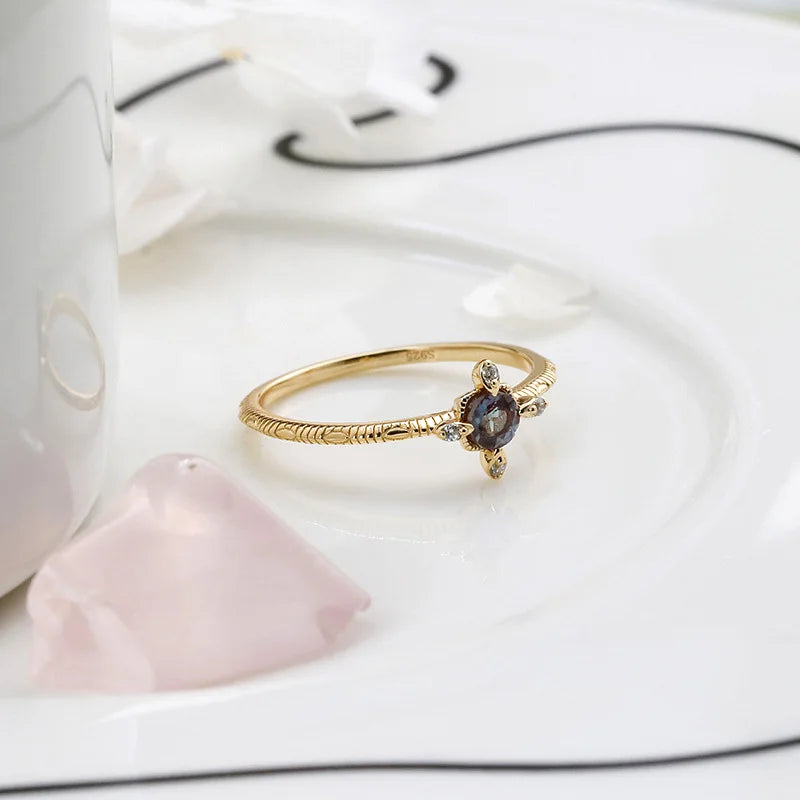 LAMOON Synthetic Blue Purple Alexandrite Ring For Women Pinky Knuckle Thin Rings 925 Sterling Silver Light Gold Vermeil Jewelry