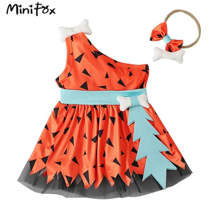 MiniFox Halloween Caveman Dress For Girls Clothes Off Shoulder Baby Dresses Historical Stone Age Party Girl Halloween Costume