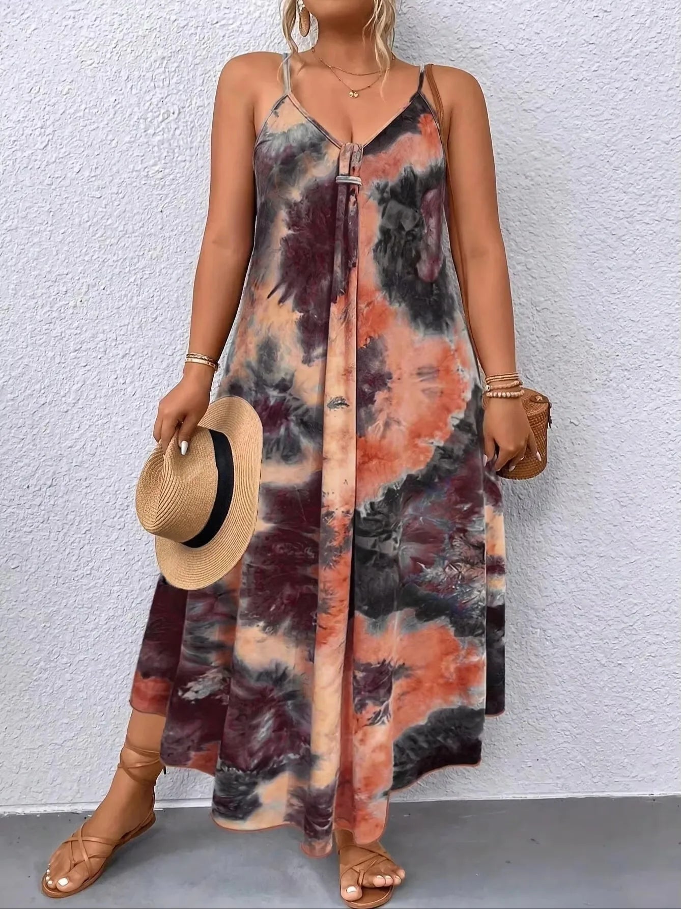 Elegant V-neck sleeveless dress for women in 2025, featuring abstract prints and pleated chest details - Lightweight and machine