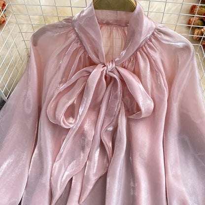 Spring Women's New Harajuku Tops V-neck Solid Color Bowknot Lantern Sleeves Loose Fashion Elegant Mesh Temperament Ladies Shirt