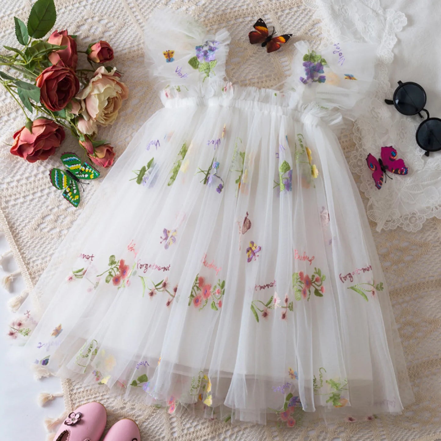 Delicate Party Prom Evening Dress Colorful Flower Embroidery Dresses Fashion Butterfly Princess Dress Birthday Princess Clothes