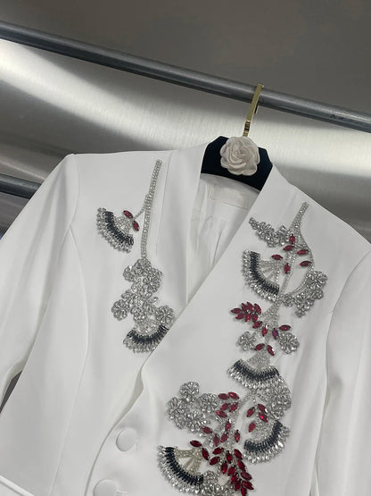 TWOTWINSTYLE Solid Spliced Bead Flower Temperament Blazers for Women V Neck Long Sleeves Patchwork Single Breasted Blazer Female