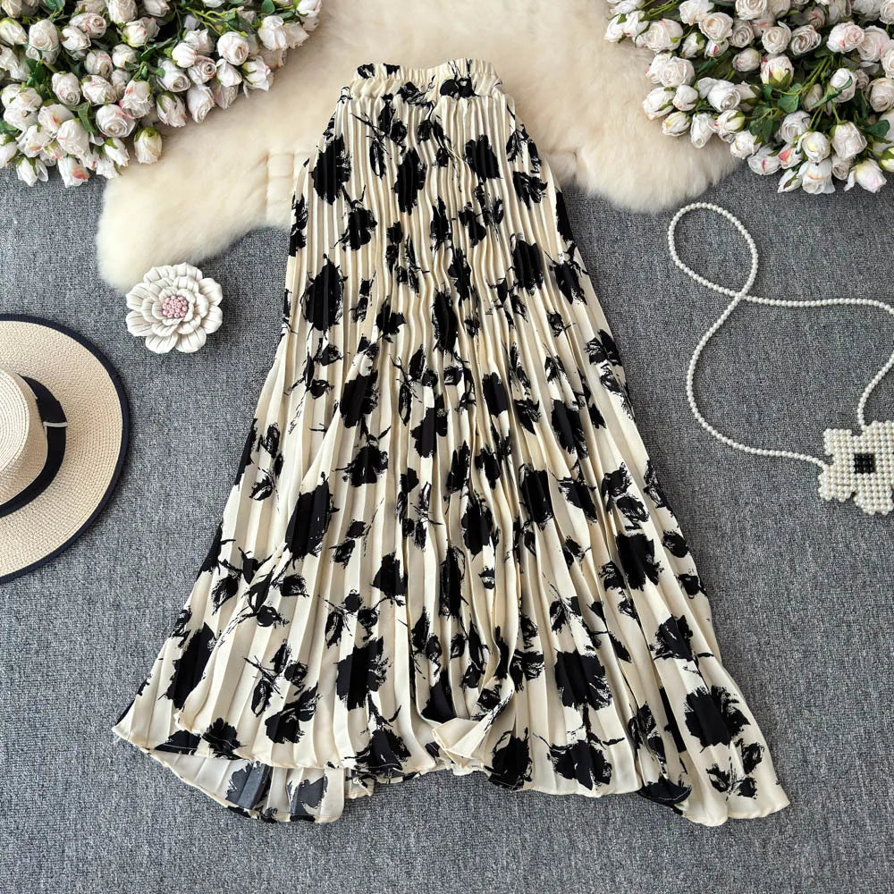 Chiffon A-Line Midi Skirt Women's Autumn 2025 New Sle Cover Hip Draped Large Swing Umbrella Skirt Pleated Floral Skirt