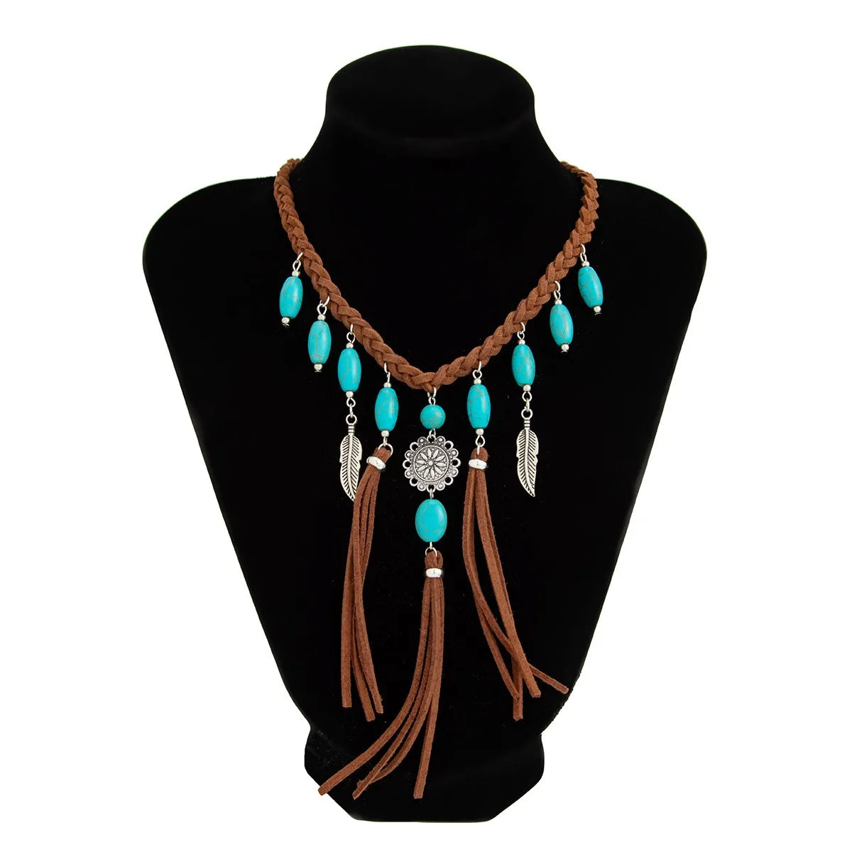 Ethnic Style Women Leaf Choker Woven Rope Leather Tassel Turquoise Stone Necklace Feather Pendant Retro Bohemian Necklace - AMULET RING STORE