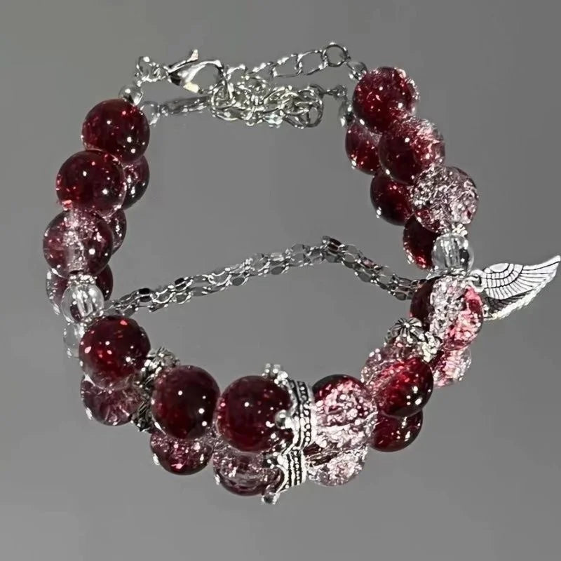 Creative Personalized Beaded Bracelet Red Crystal Feather Pendant Bracelet New Women Vintage Elastic Beaded Chain Accessories