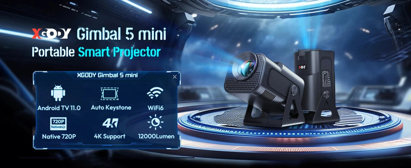 XGODY 12000LM Native 720P Portable Smart Projector Auto Keystone WIFI 6 Home Theater 4K Supported