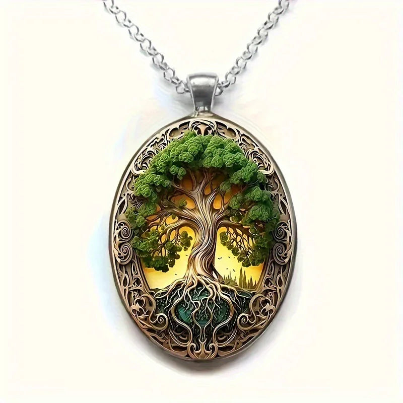 New Fashionable and Elegant Tree of Life Pattern Elliptical Glass Alloy Pendant Necklace Jewelry Wholesale--