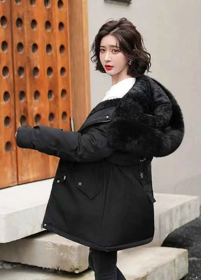 2025 Winter Women's Parka Cotton Padded Coat Korean Style Mid Length Waist Cinching Thickened for Cold Suitable for Short Girls