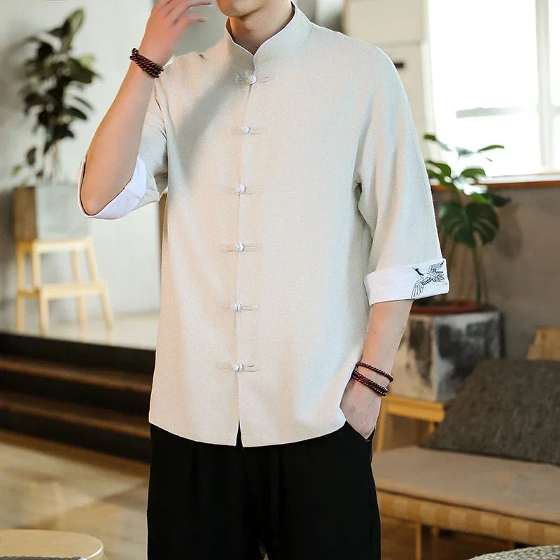New Crane Embroidery Top Traditional Chinese Clothing for Men Vintage Half Sleeve Linen Shirts Solid Madarin Collar Hanfu Kungfu