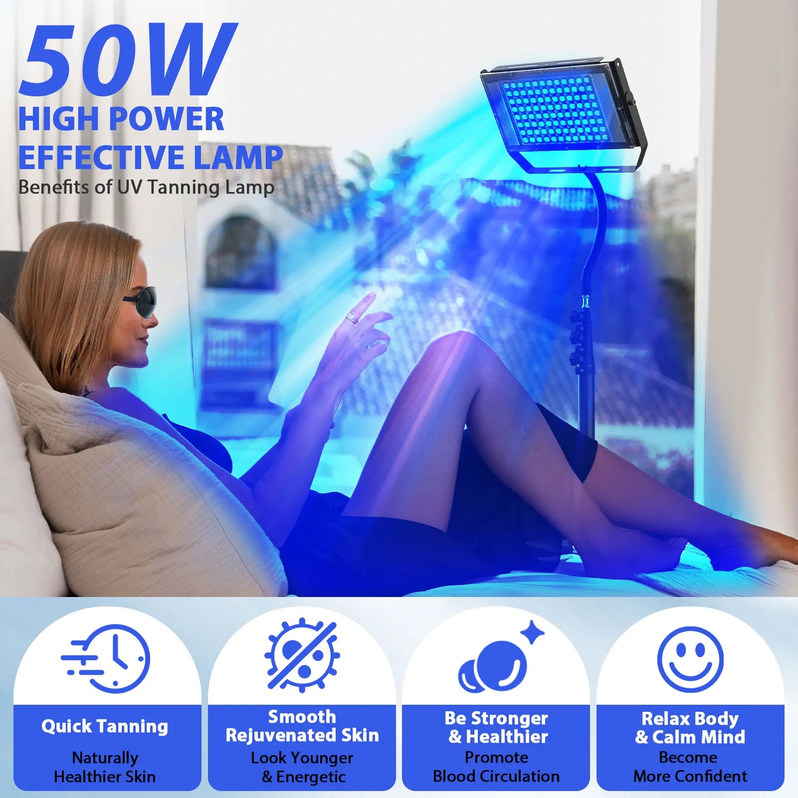 Ultraviolet Tanning Lamp 50W Tripod Solarium Lamp for Tanning Body 48PCS Blue Light Lamp Wavelength 460nm & 480nm Skin care - AMULET RING STORE
