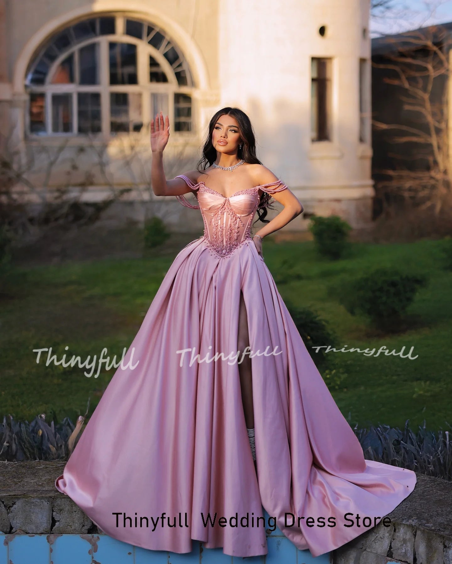 Thinyfull A-line Satin Prom Dresses Sleeveless Beading Appliques Evening Party Gown Split Special Occasion Dress Customized - AMULET RING STORE