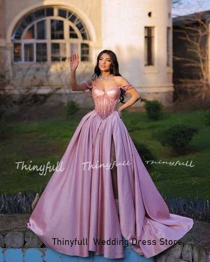 Thinyfull A-line Satin Prom Dresses Sleeveless Beading Appliques Evening Party Gown Split Special Occasion Dress Customized - AMULET RING STORE