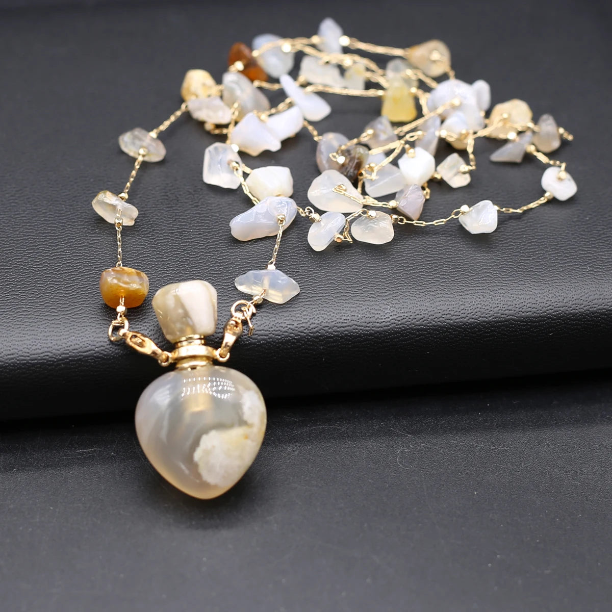 Perfume Bottle Necklace Natural Stone Cherry Blossom Agate Perfume Bottle Pendant For Women Christmas Halloween Gift Chain 80cm - AMULET RING STORE
