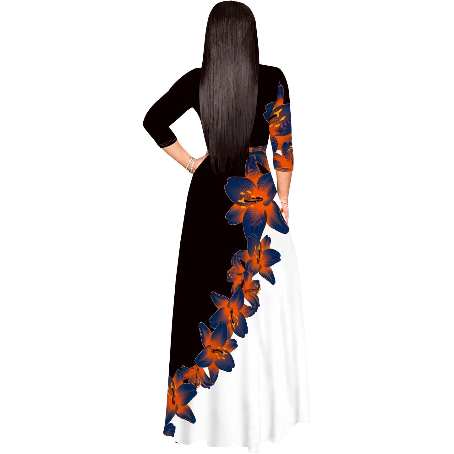 Floral V-Neck 3/4 Sleeve Wrap Maxi Dress with Belt - Women's Bold Elegant Party Evening Resortwear Date Night