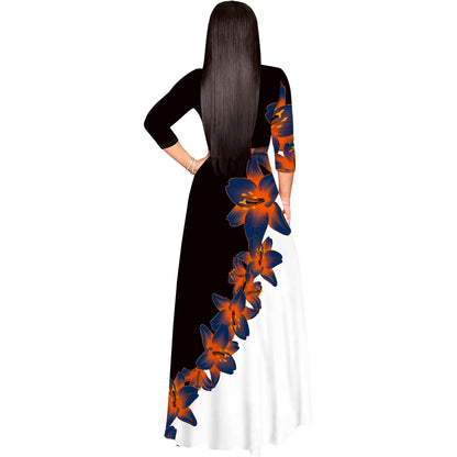 Floral V-Neck 3/4 Sleeve Wrap Maxi Dress with Belt - Women's Bold Elegant Party Evening Resortwear Date Night