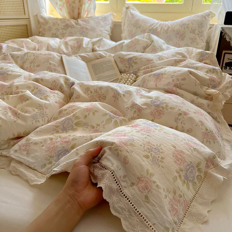 Washed Cotton Duvet Cover Sets Single/Queen/king Flower Printed Bedding Set Princess Style e housse de couette 220x240 with Lace - AMULET RING STORE