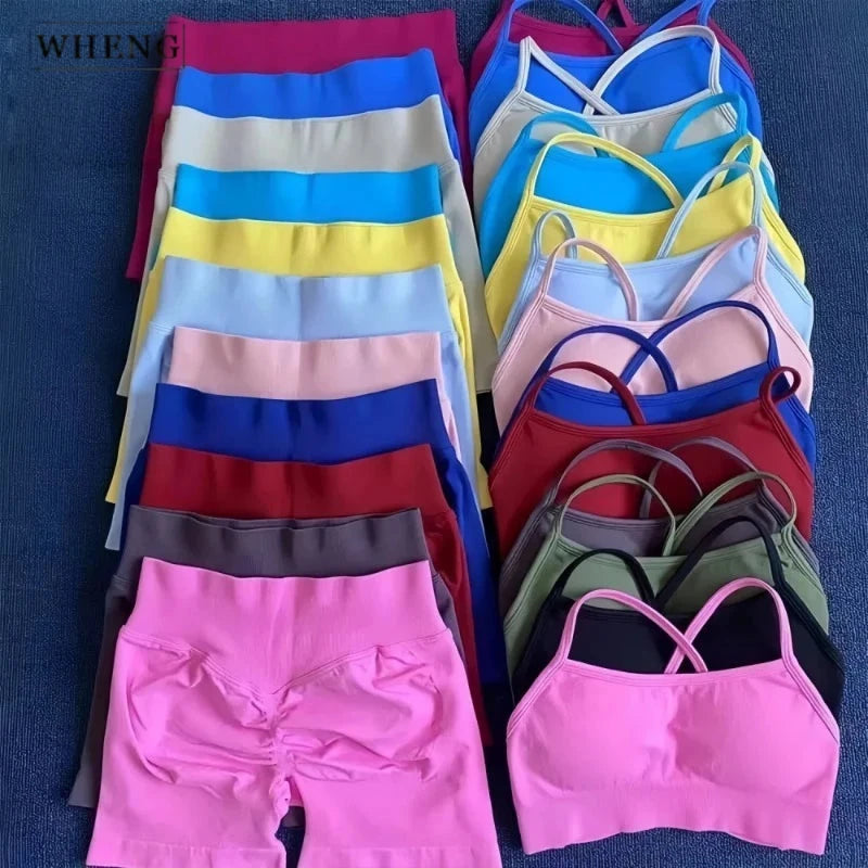 WHENG Peach Hip Lifting Suit Back Cross Sports Bra Shockproof Bra Quick Drying Shorts Set Gym Fitness Running Yoga Suit