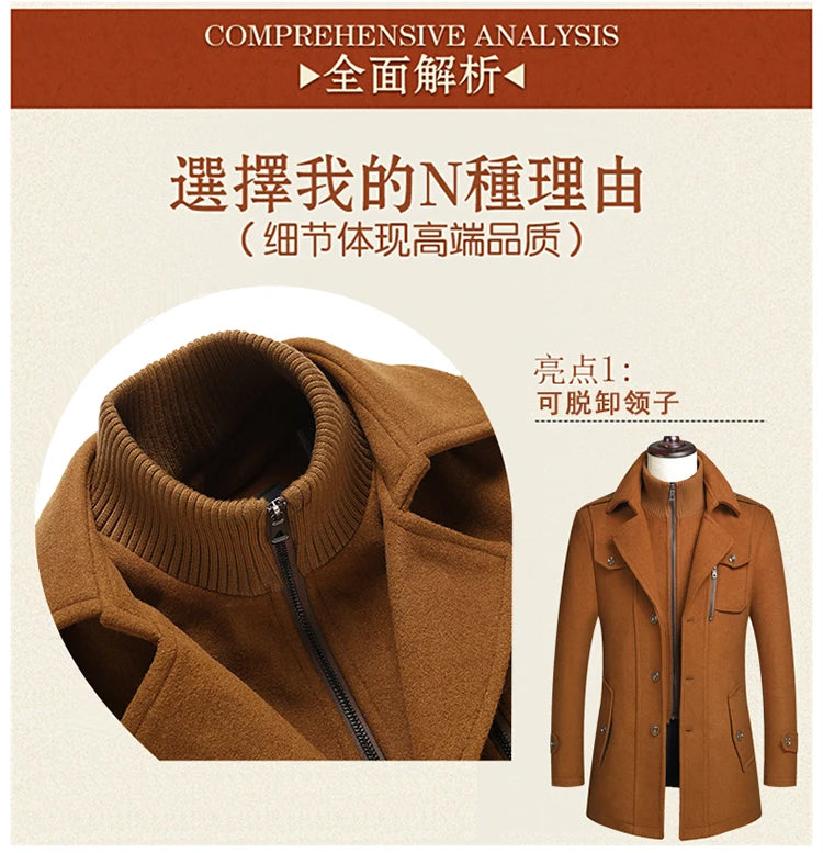 Men's Double Collar Wool Coat  Fashion Handsome Autumn Winter Business Style High Quality Middle-aged Men's Fashion Woolen Coat