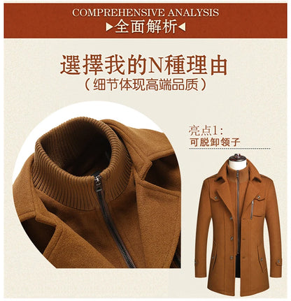 Men's Double Collar Wool Coat  Fashion Handsome Autumn Winter Business Style High Quality Middle-aged Men's Fashion Woolen Coat