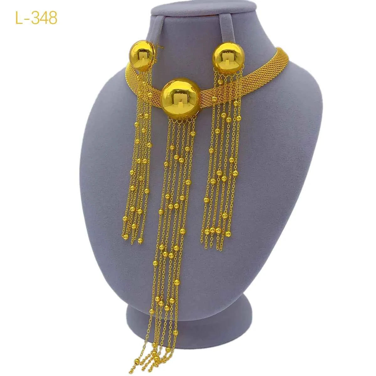African 24k Gold Color Tassel Long Necklace Set For Women Luxury Charm Party Pendant Dubai Jewelry Sets Accessories Gifts