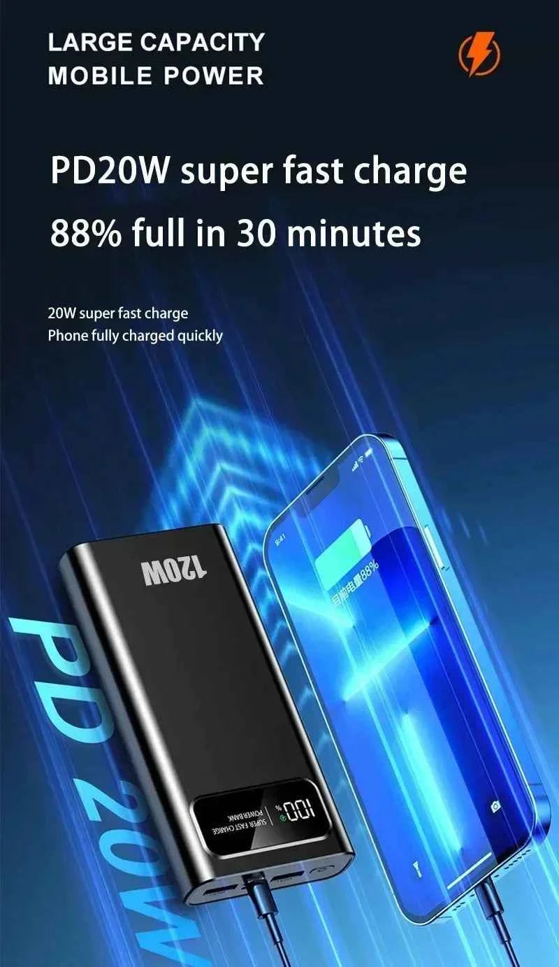 VIVO 200000mAh LED Digital Display Power Bank High Capacity 120W Super Fast Charging Portable External Battery For IPhone New