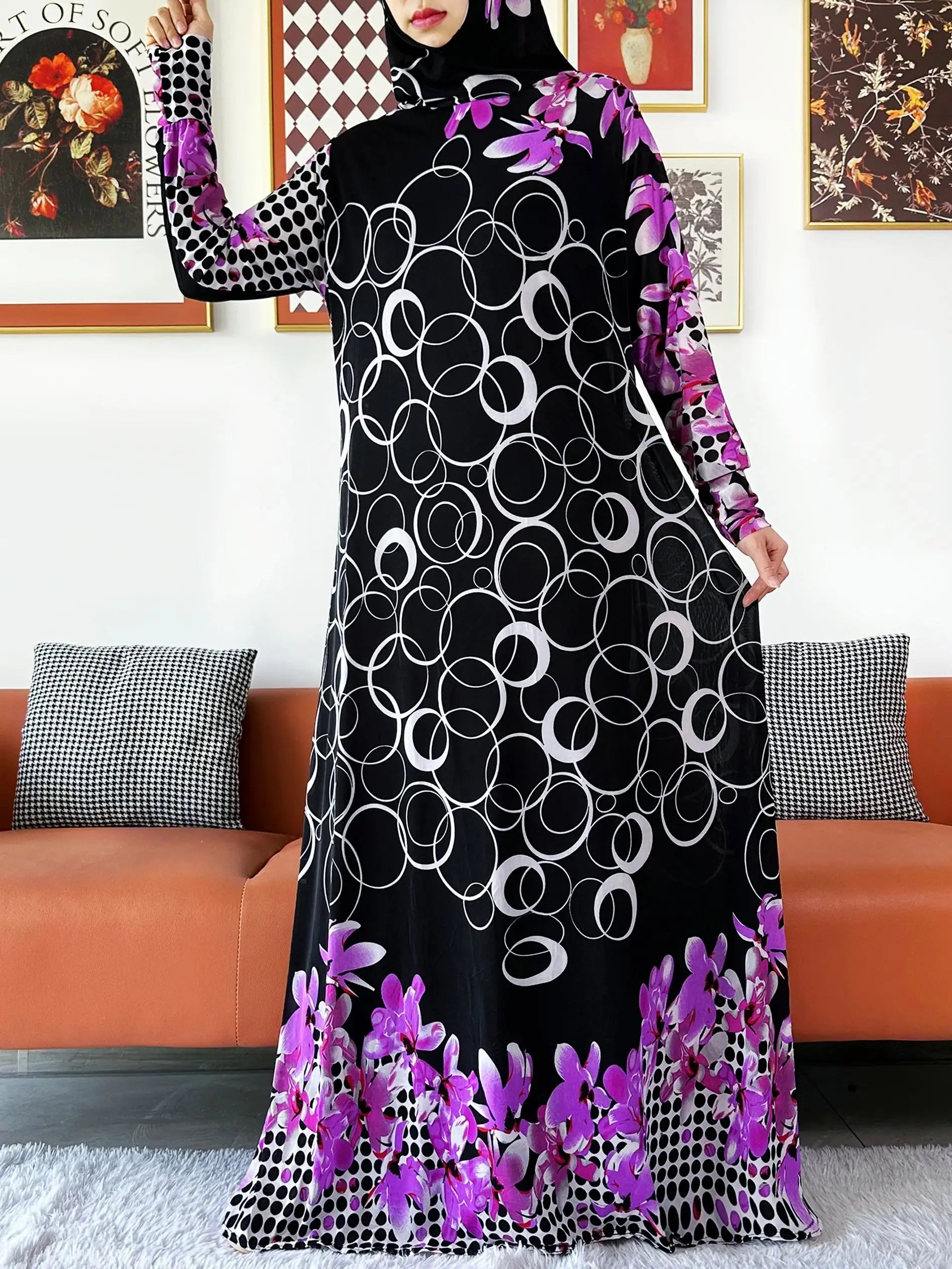 2025 Floral Ramadan Muslim Dress Solid Color Khimar Kaftan Abaya Robe with Attached Hijab Middle East Prayer Garment for Women - AMULET RING STORE