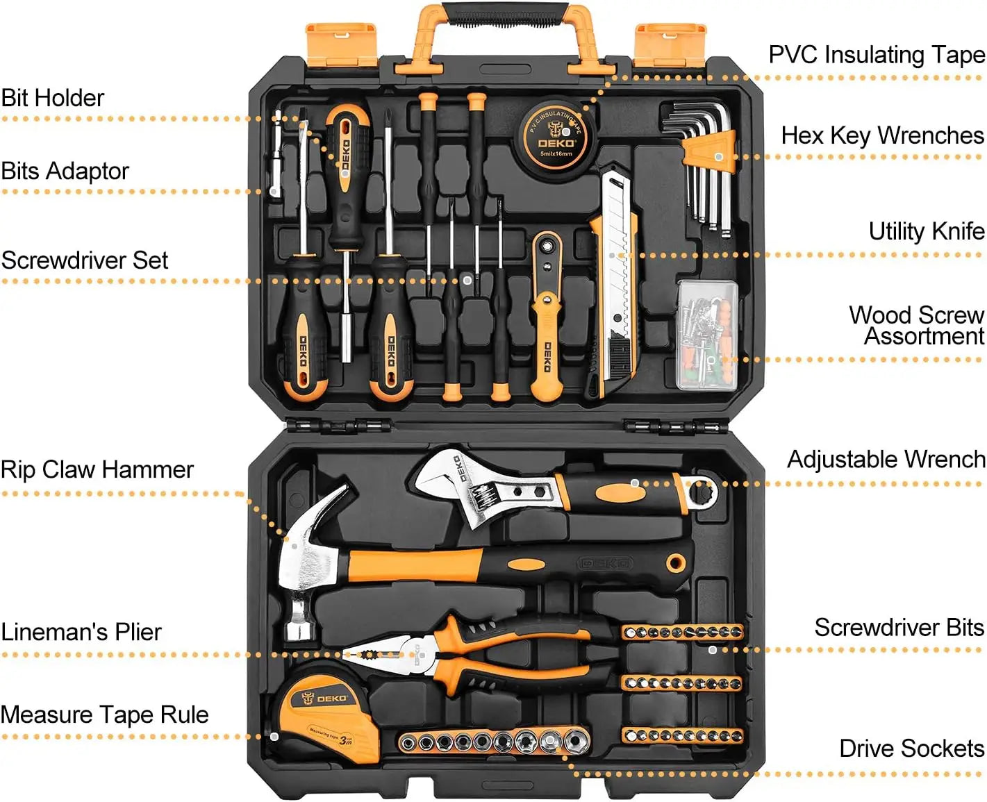 DEKO 100 Piece Home Repair Tool Set,General Household Hand Tool Kit with Plastic Tool Box Storage