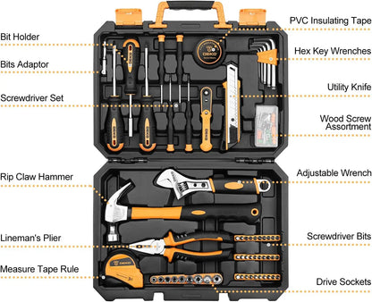 DEKO 100 Piece Home Repair Tool Set,General Household Hand Tool Kit with Plastic Tool Box Storage