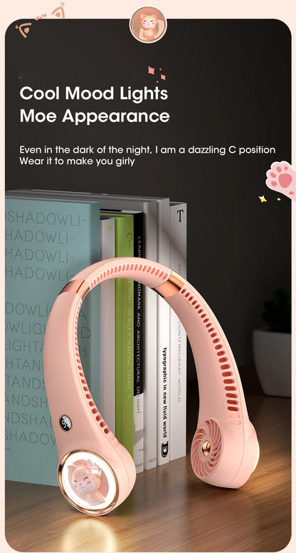 Bladeless Neck Fan 2000mAh USB Rechargeable Digital Display Cute Cat Hanging Mini for Travel Office