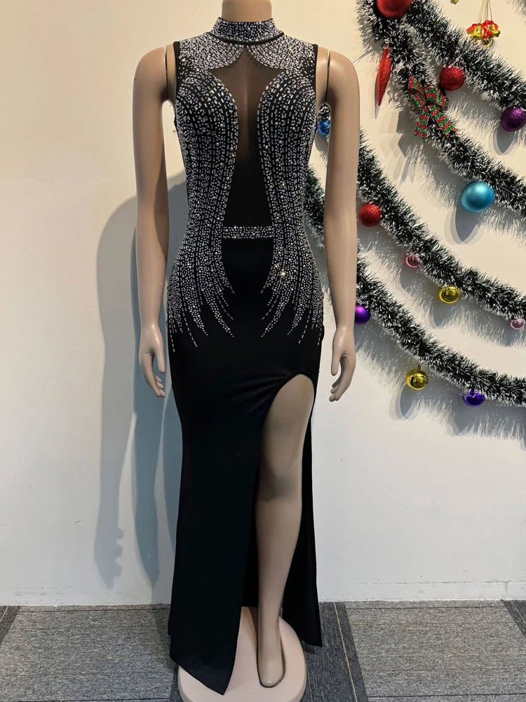 Beyprern Women's Black Mesh Bust Rhinestones Décor High Slit Maxi Dress Glam Mock Neck Crystal Party Dresses Celebrities Outfits - AMULET RING STORE