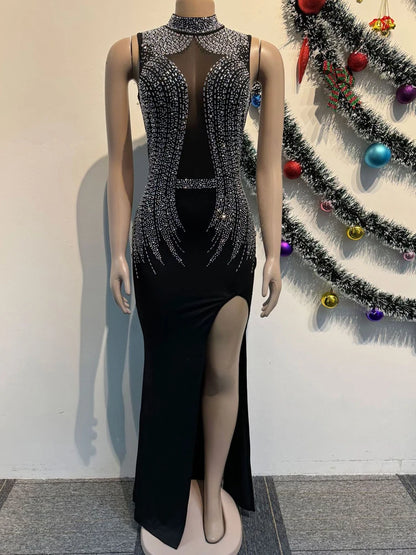 Beyprern Women's Black Mesh Bust Rhinestones Décor High Slit Maxi Dress Glam Mock Neck Crystal Party Dresses Celebrities Outfits - AMULET RING STORE