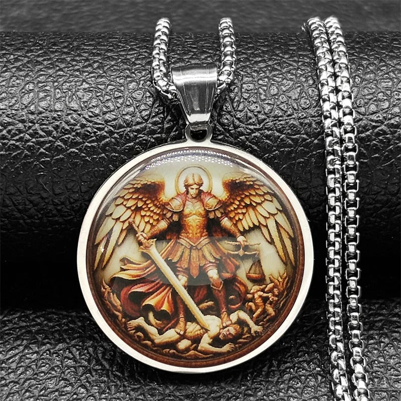 Seal of Seven Archangels Medal Stainless Steel Glass Necklace