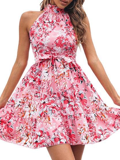 Hanging neck sleeveless temperament lace up ruffle hem big swing floral Womens dress Elegant Floral Print Robe Spring Pullover
