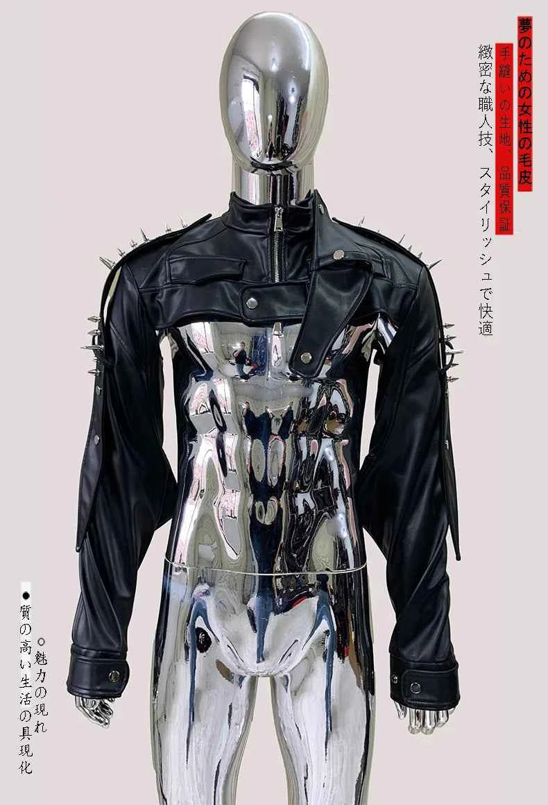 Mauroicardi Spring Autumn Cool Black Cropped Faux Leather Jacket Men Rivet Long Sleeve Zip Up Luxury Punk Style Emo Clothes 2025