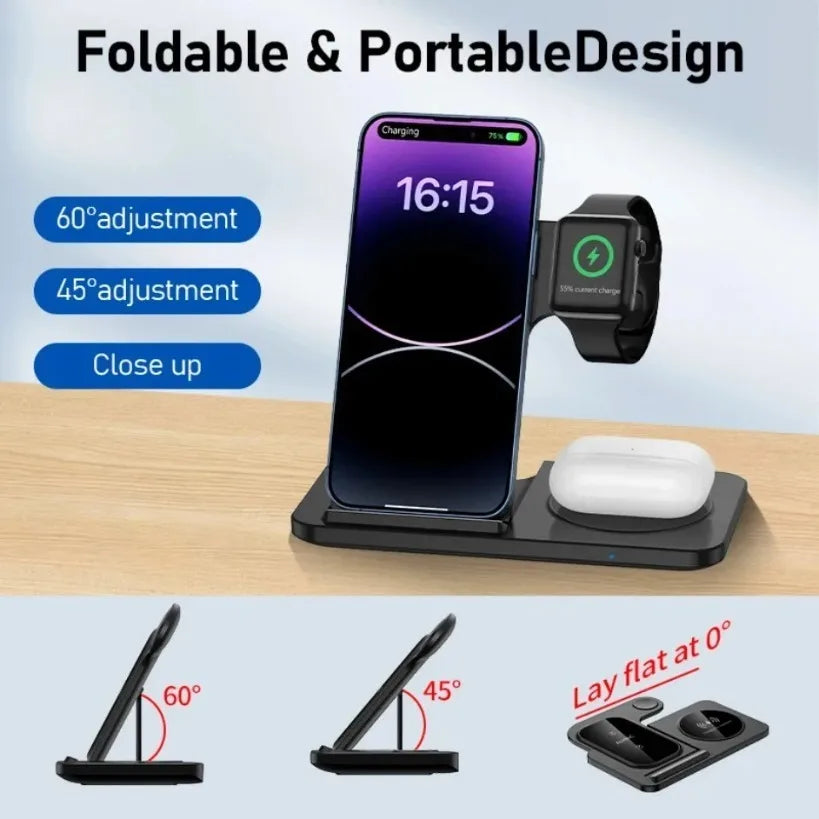 3 In 1 Wireless Charger Stand Foldable 15W Fast Wireless Charging Station Dock for iPhone 16 15 14 13 12 iWatch 9 8 7 6 Airpods
