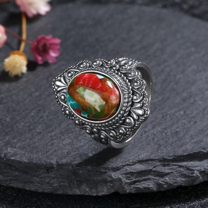 Vintage Natural Emperor Stone Ring S925 Silver Retro Hollow Luxury Fine Jewelry Wedding Gift for Women - AMULET RING STORE
