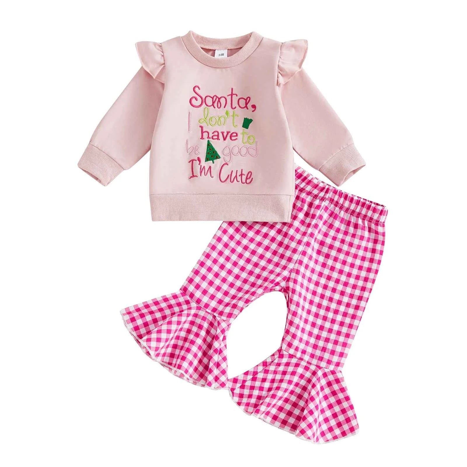 Infant Girls Christmas Outfit Set with Embroidered Letters Pullover and Plaid Bell Bottoms - 2 Piece Holiday Ensemble